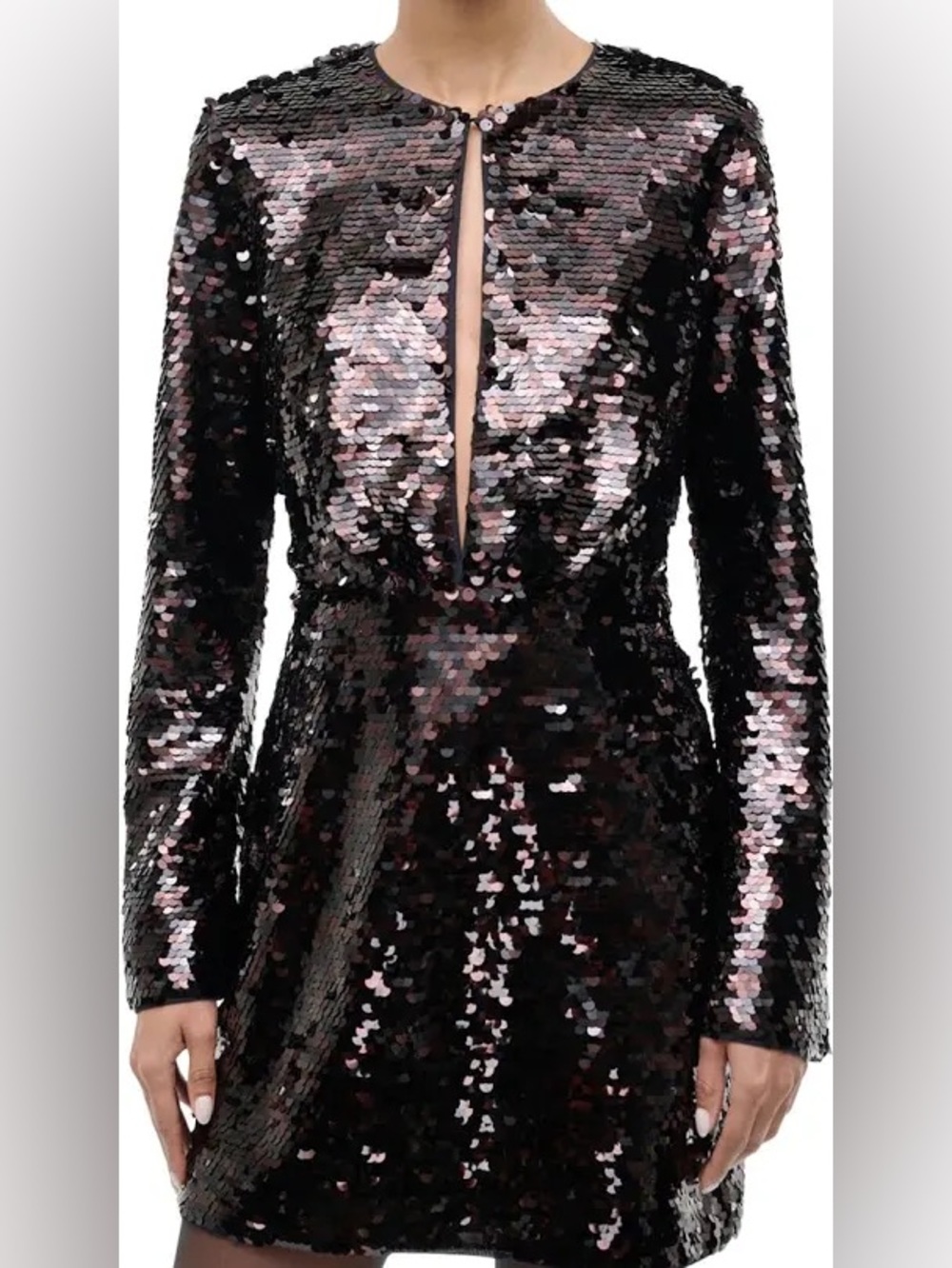 STAUD Fifi Expresso Sequin Slit Front Long-Sleeve Cocktail Mini Dress NWT - 4